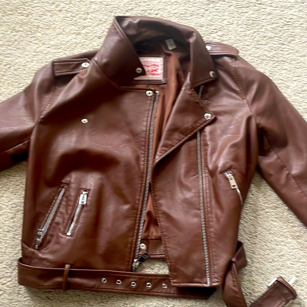 Chocolate brown faux leather biker jacket!